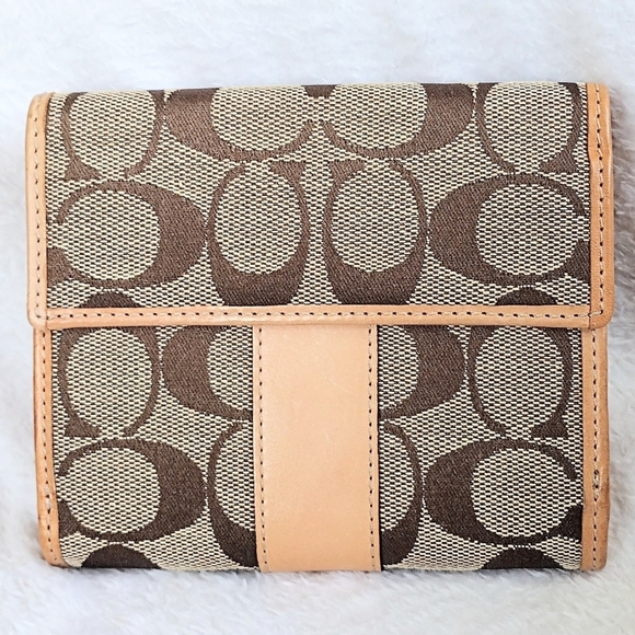 😍 Vintage Y2K Coach Hampton Khaki Signature Stripe Compact Clutch Wallet - Picture 6 of 12